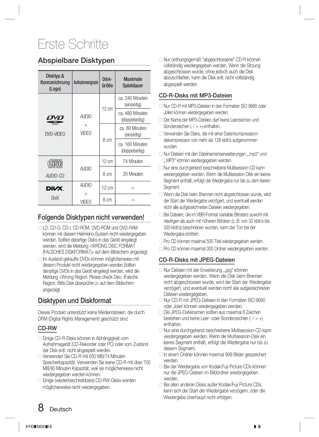 Samsung HT-D455/EN manual Abspielbare Disktypen, Disktypen und Diskformat, CD-R-Disks mit MP3-Dateien, Disktyp Maximale 