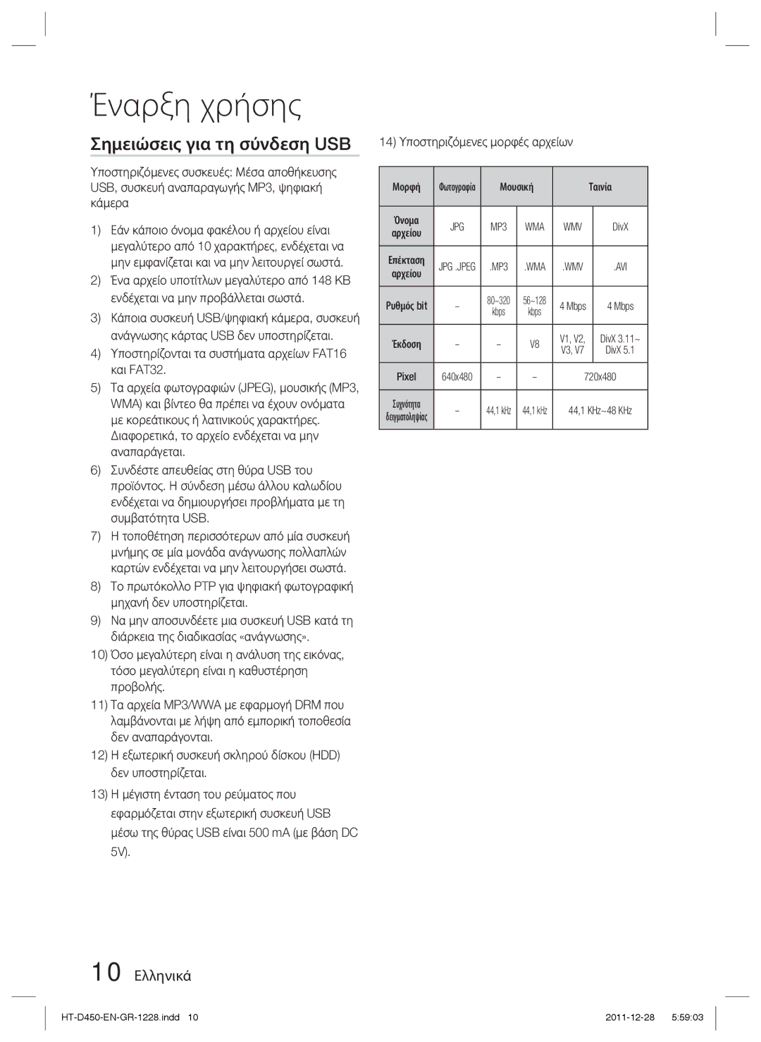Samsung HT-D455/EN manual Σημειώσεις για τη σύνδεση USB, 10 Ελληνικά, Μορφή, Μουσική Ταινία 