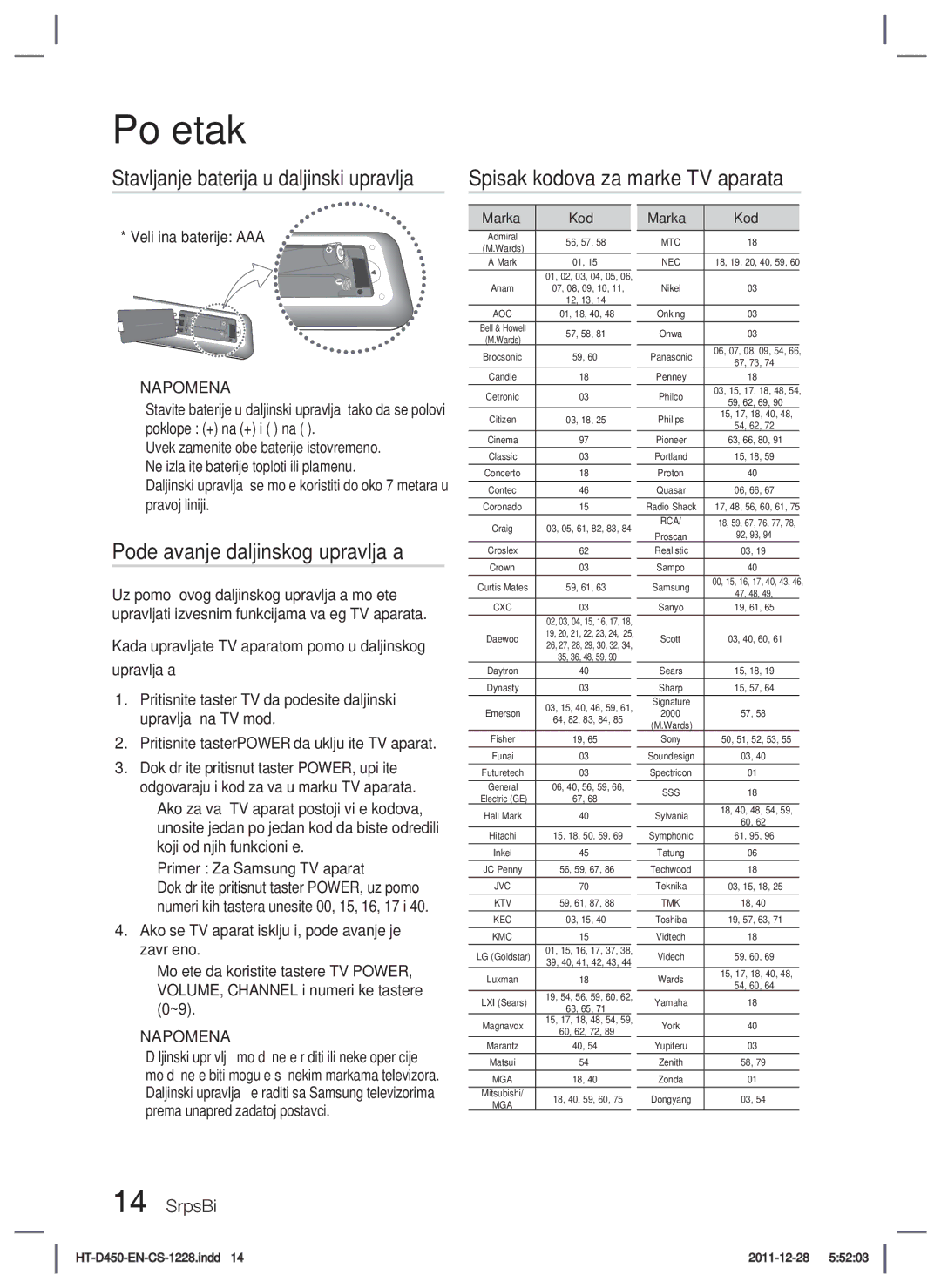 Samsung HT-D455/EN Spisak kodova za marke TV aparata, Podešavanje daljinskog upravljača, Veličina baterije AAA, Marka Kod 