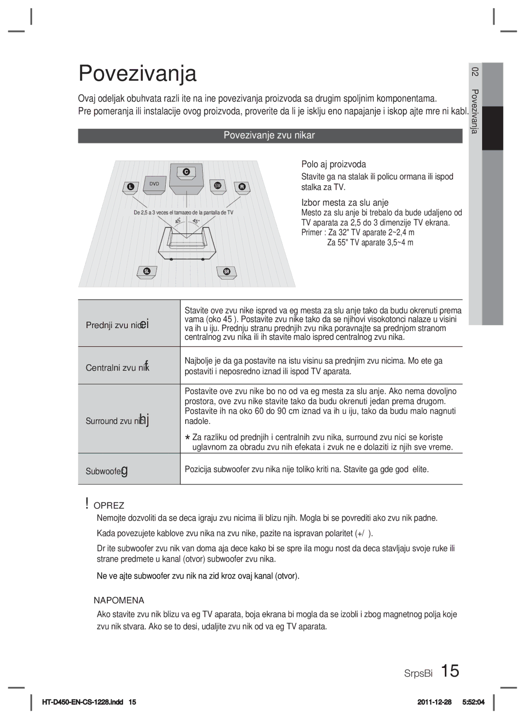 Samsung HT-D455/EN manual Povezivanja, Povezivanje zvučnikar, Oprez 