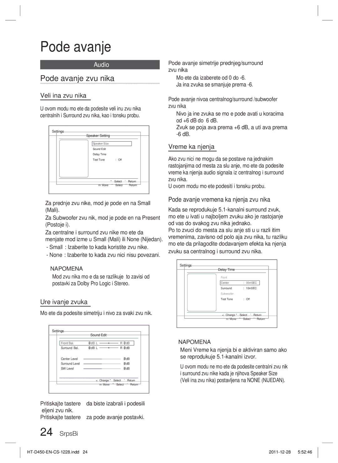 Samsung HT-D455/EN manual Podešavanje zvučnika, Veličina zvučnika, Uređivanje zvuka, Vreme kašnjenja 