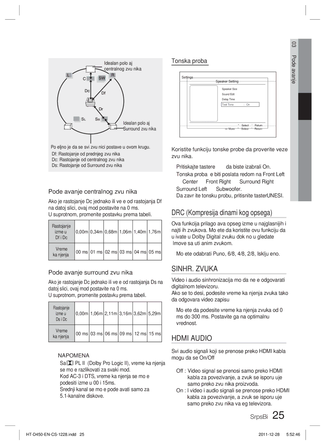 Samsung HT-D455/EN manual DRC Kompresija dinamičkog opsega, SINHR. Zvuka, Podešavanje centralnog zvučnika, Tonska proba 