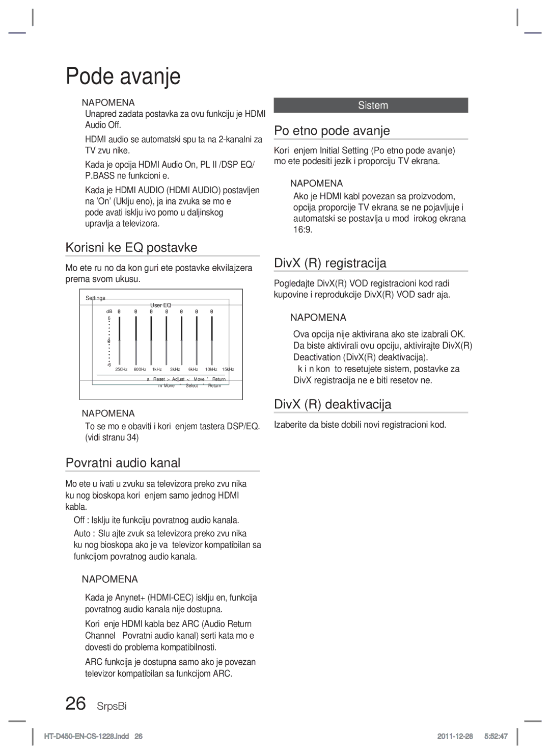 Samsung HT-D455/EN manual Početno podešavanje, Korisničke EQ postavke, Povratni audio kanal, DivX R registracija 