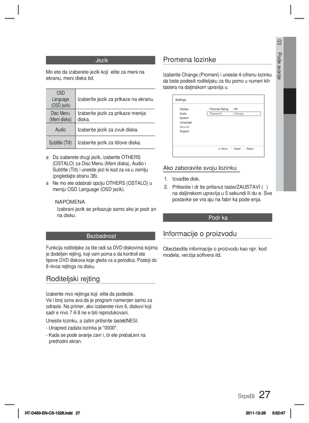 Samsung HT-D455/EN manual Promena lozinke, Informacije o proizvodu, Roditeljski rejting 