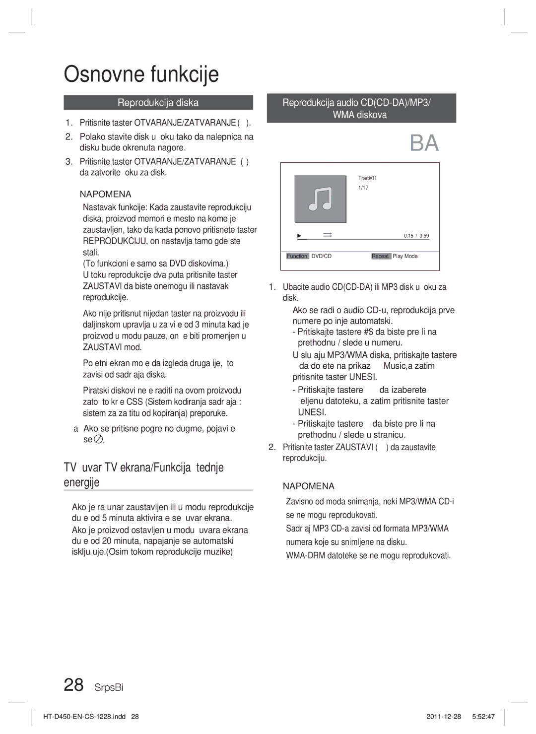 Samsung HT-D455/EN manual Osnovne funkcije, TV Čuvar TV ekrana/Funkcija štednje energije, Reprodukcija diska, Unesi 