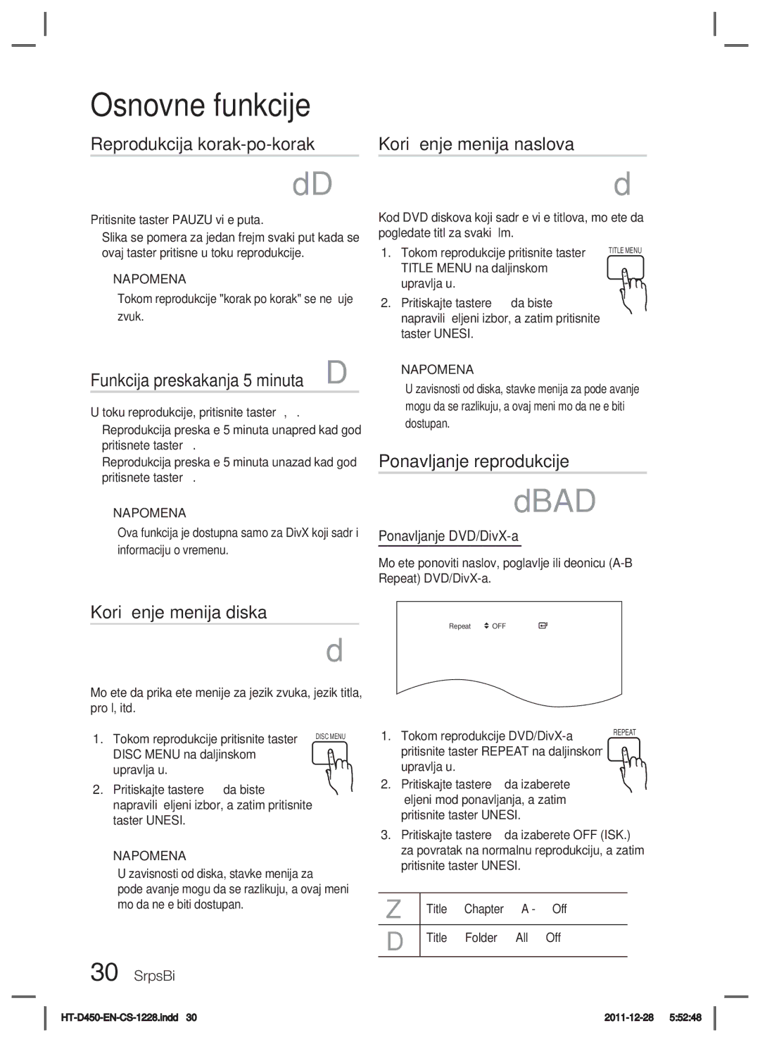 Samsung HT-D455/EN manual Reprodukcija korak-po-korak, Funkcija preskakanja 5 minuta D, Korišćenje menija naslova 