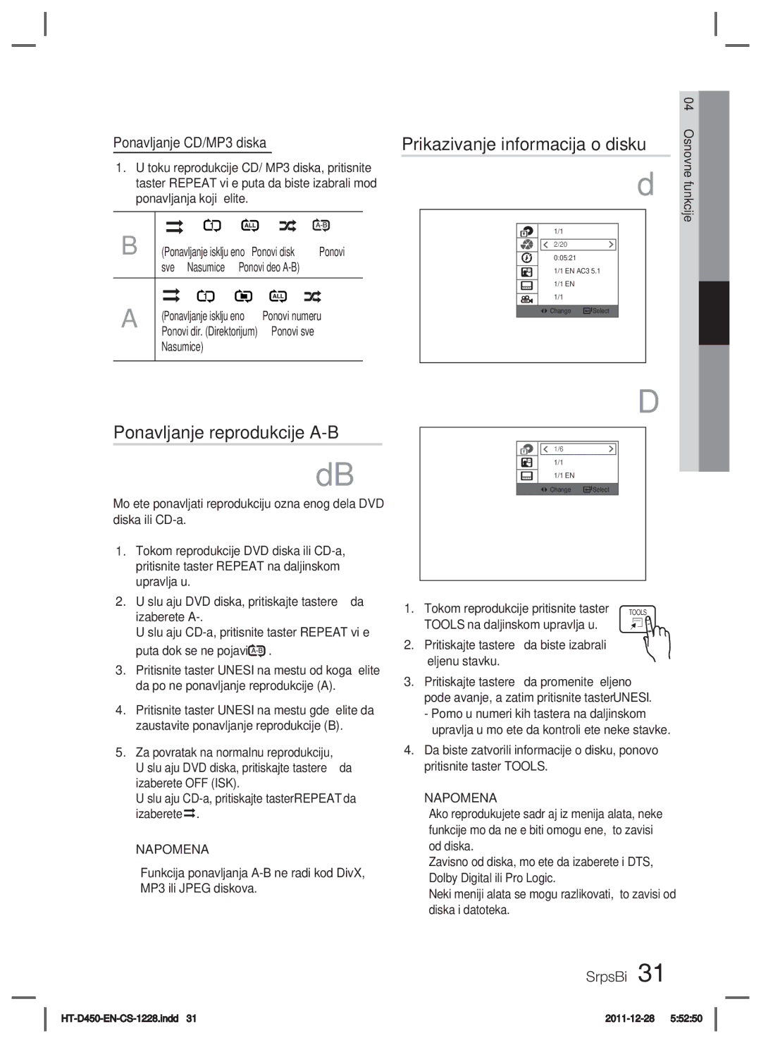 Samsung HT-D455/EN manual Prikazivanje informacija o disku, Ponavljanje reprodukcije A-B, Ponavljanje CD/MP3 diska, Ponovi 