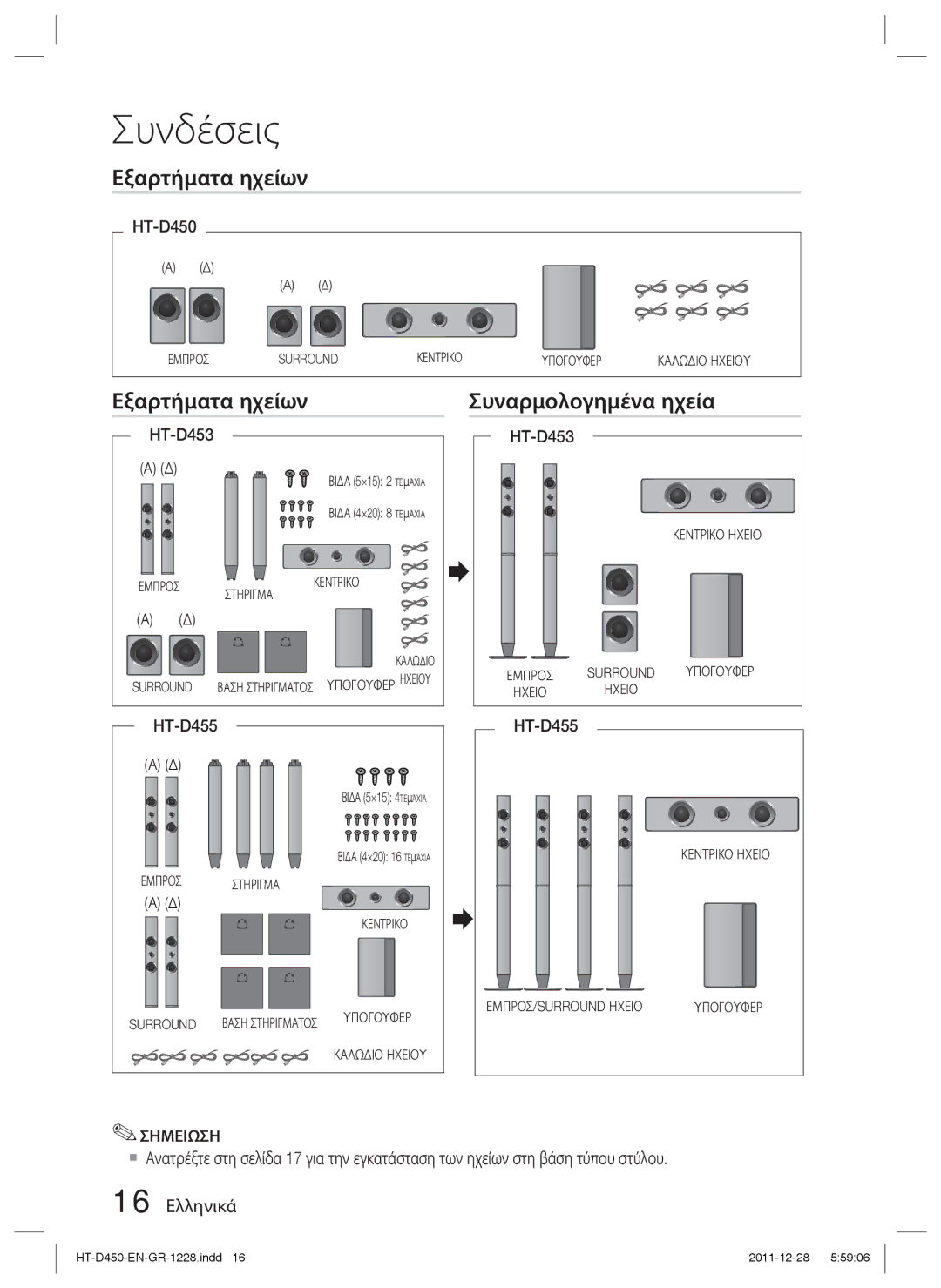 Samsung HT-D455/EN manual Εξαρτήματα ηχείων Συναρμολογημένα ηχεία, HT-D450, HT-D453 