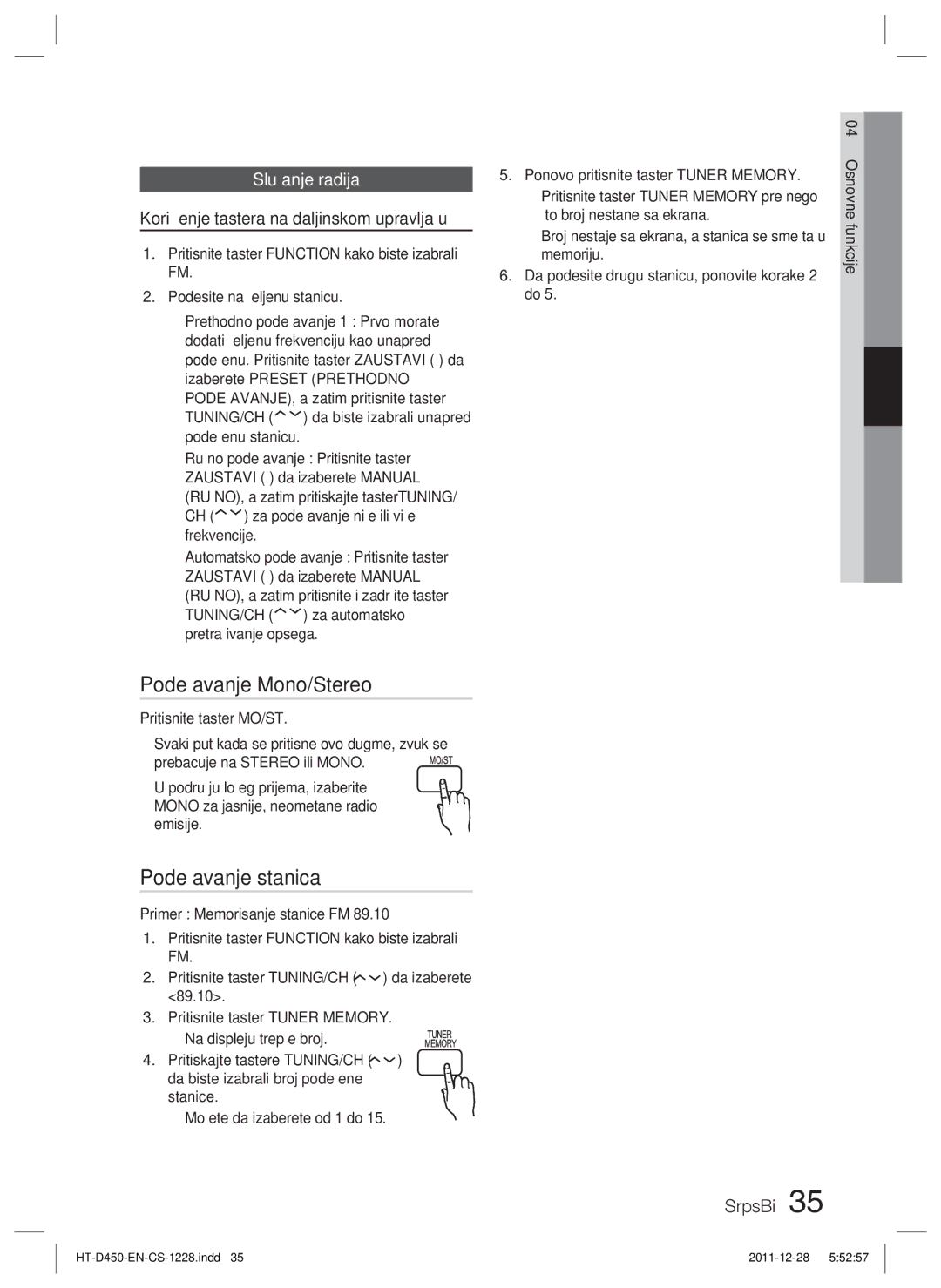 Samsung HT-D455/EN manual Slušanje radija, Korišćenje tastera na daljinskom upravljaču 