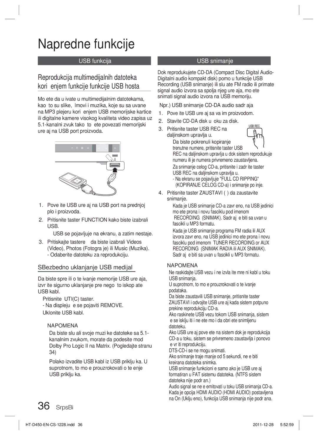 Samsung HT-D455/EN manual Napredne funkcije, USB funkcija, SBezbedno uklanjanje USB medijal, USB snimanje 