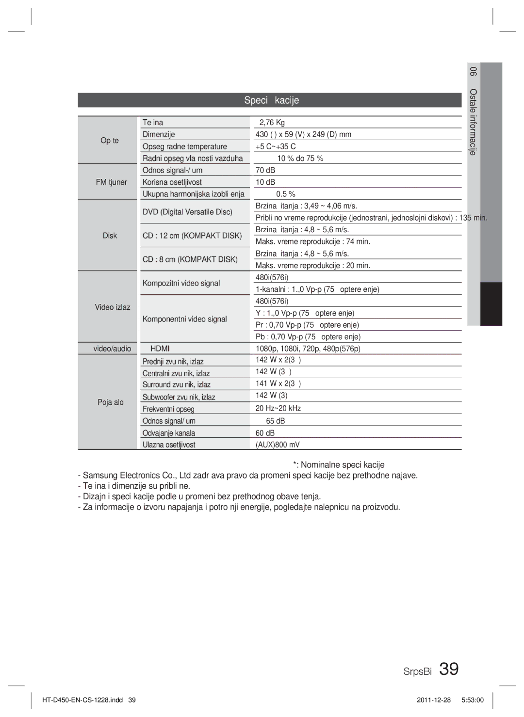 Samsung HT-D455/EN manual Speciﬁkacije 