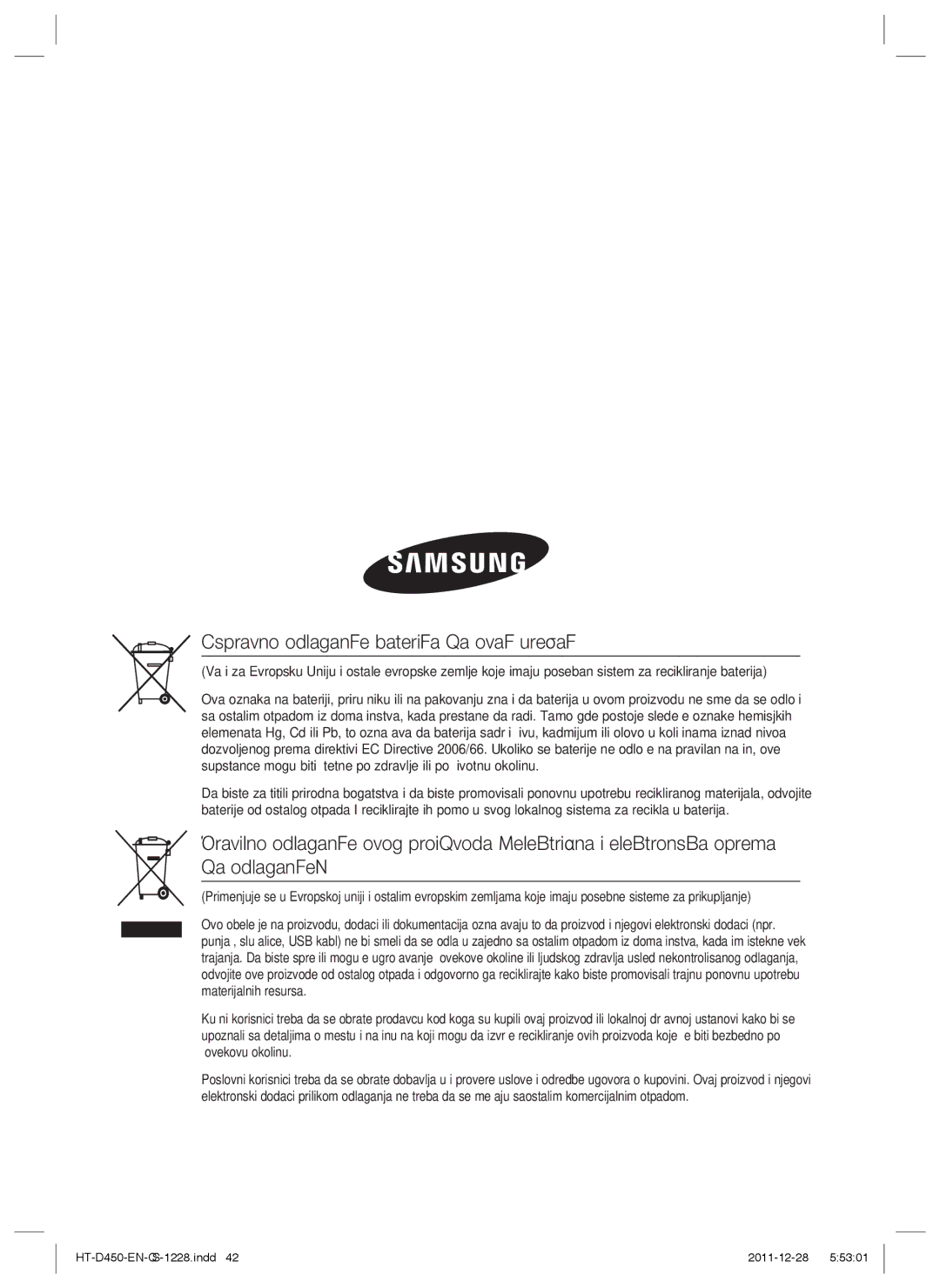 Samsung HT-D455/EN manual Ispravno odlaganje baterija za ovaj uređaj 