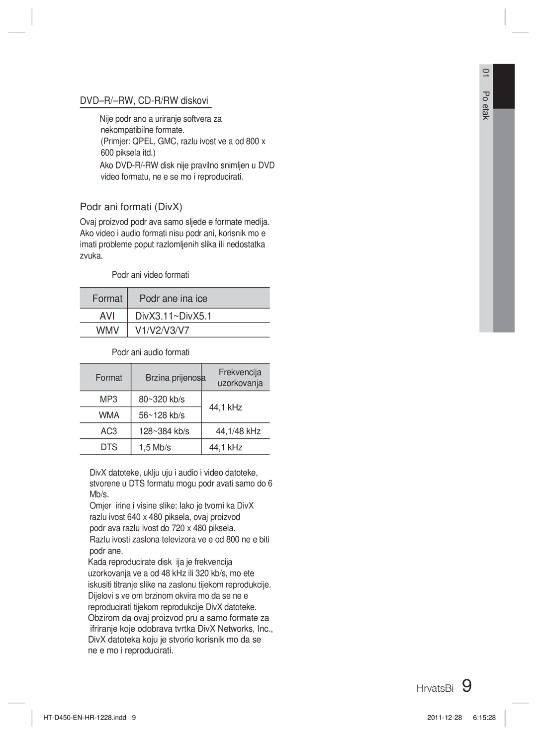 Samsung HT-D455/EN manual Frekvencija, Uzorkovanja, 80~320 kb/s 44,1 kHz, 56~128 kb/s, 128~384 kb/s 44,1/48 kHz 