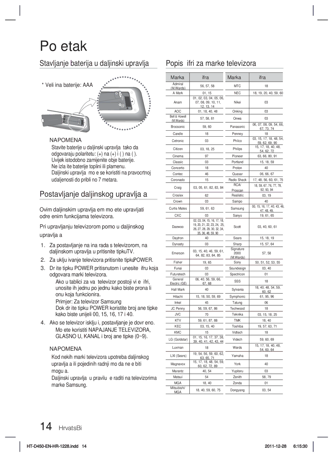 Samsung HT-D455/EN manual Popis šifri za marke televizora, Postavljanje daljinskog upravljača, Primjer Za televizor Samsung 