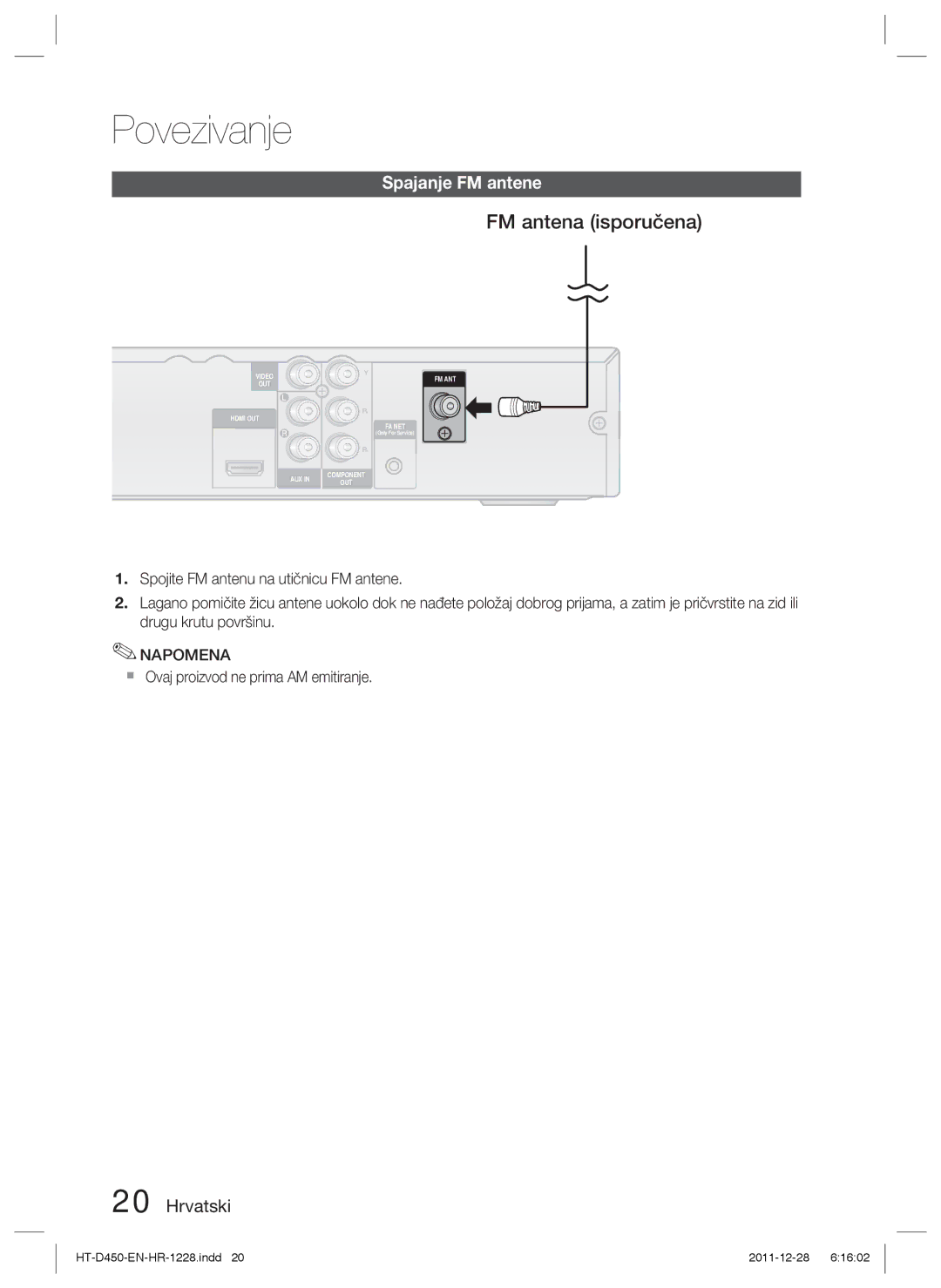 Samsung HT-D455/EN manual Spajanje FM antene,  Ovaj proizvod ne prima AM emitiranje 