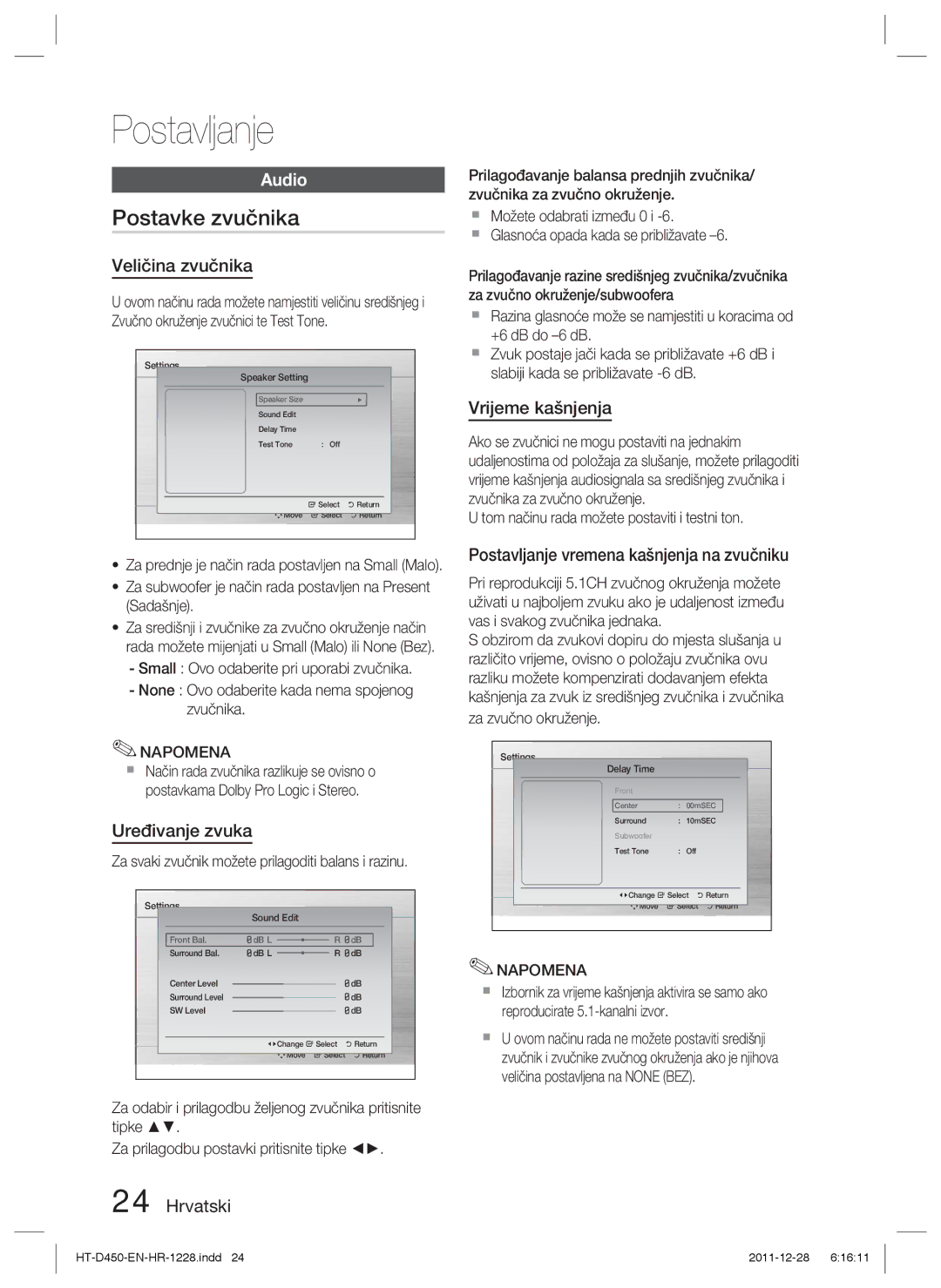 Samsung HT-D455/EN manual Postavke zvučnika, Vrijeme kašnjenja, Postavljanje vremena kašnjenja na zvučniku 