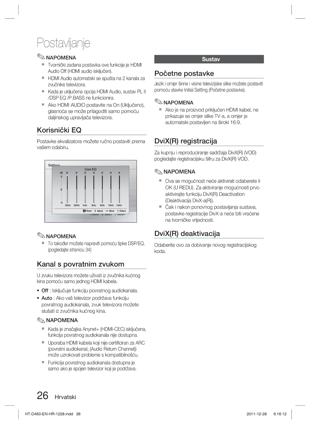 Samsung HT-D455/EN manual Korisnički EQ, Kanal s povratnim zvukom, Početne postavke, DviXR registracija, DviXR deaktivacija 