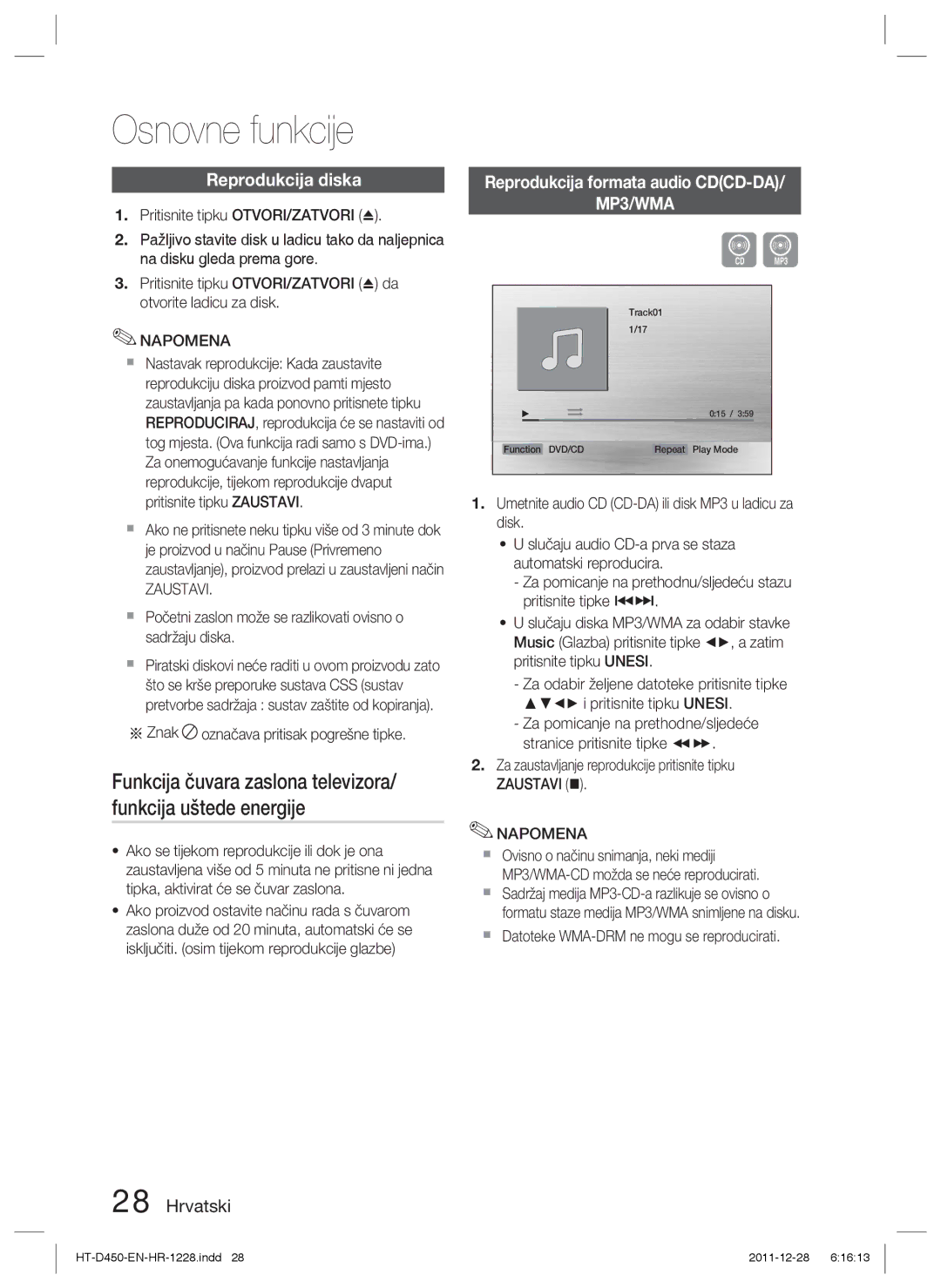 Samsung HT-D455/EN manual Reprodukcija formata audio CDCD-DA, Zaustavi, Znak označava pritisak pogrešne tipke 