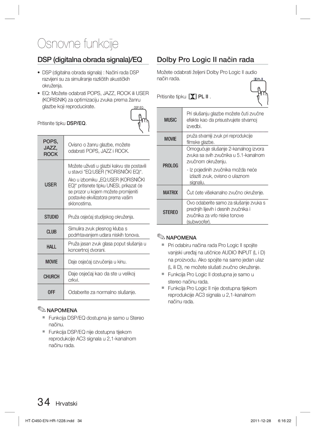 Samsung HT-D455/EN manual DSP digitalna obrada signala/EQ, Dolby Pro Logic II način rada 