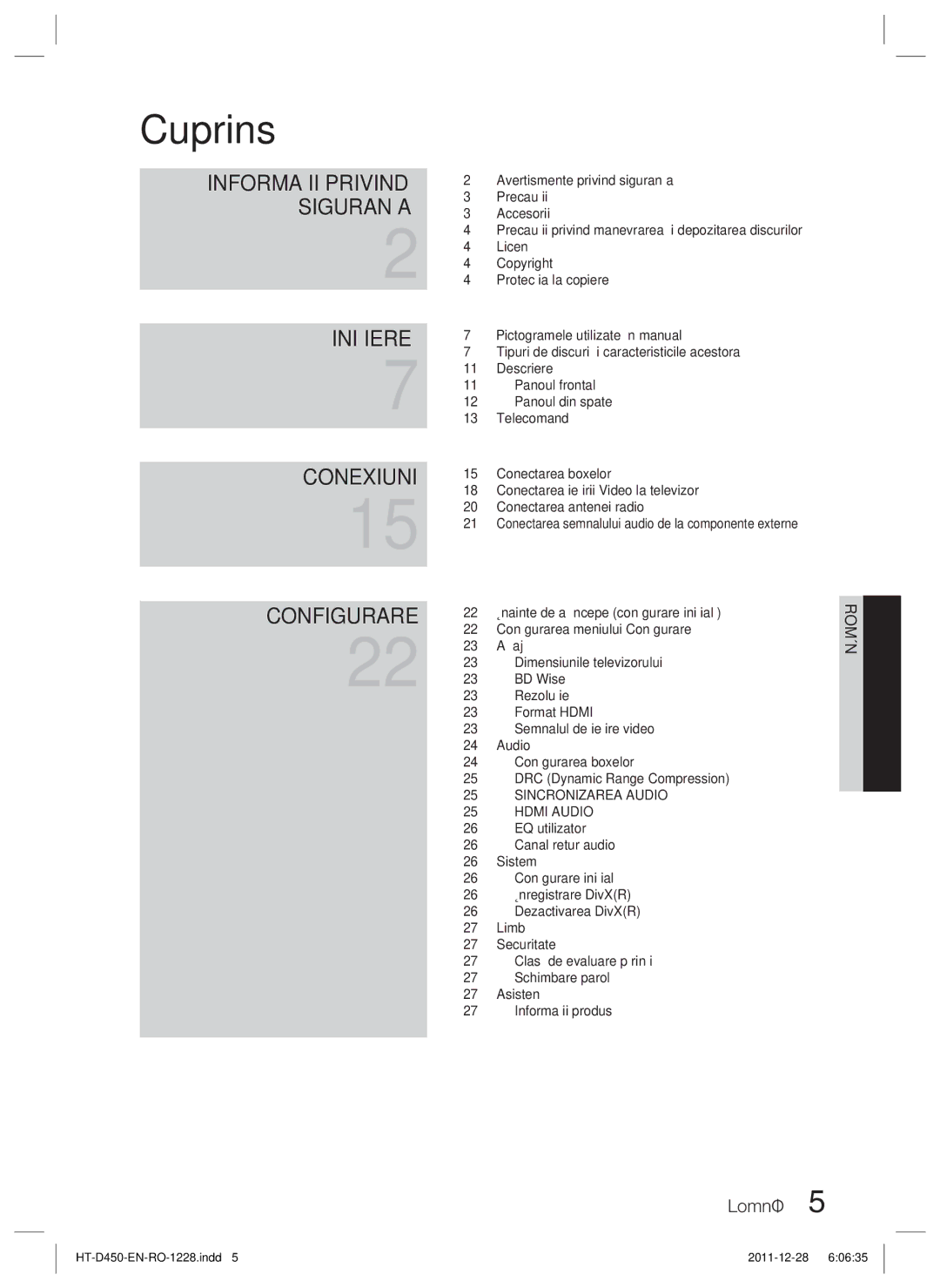 Samsung HT-D455/EN manual Cuprins 