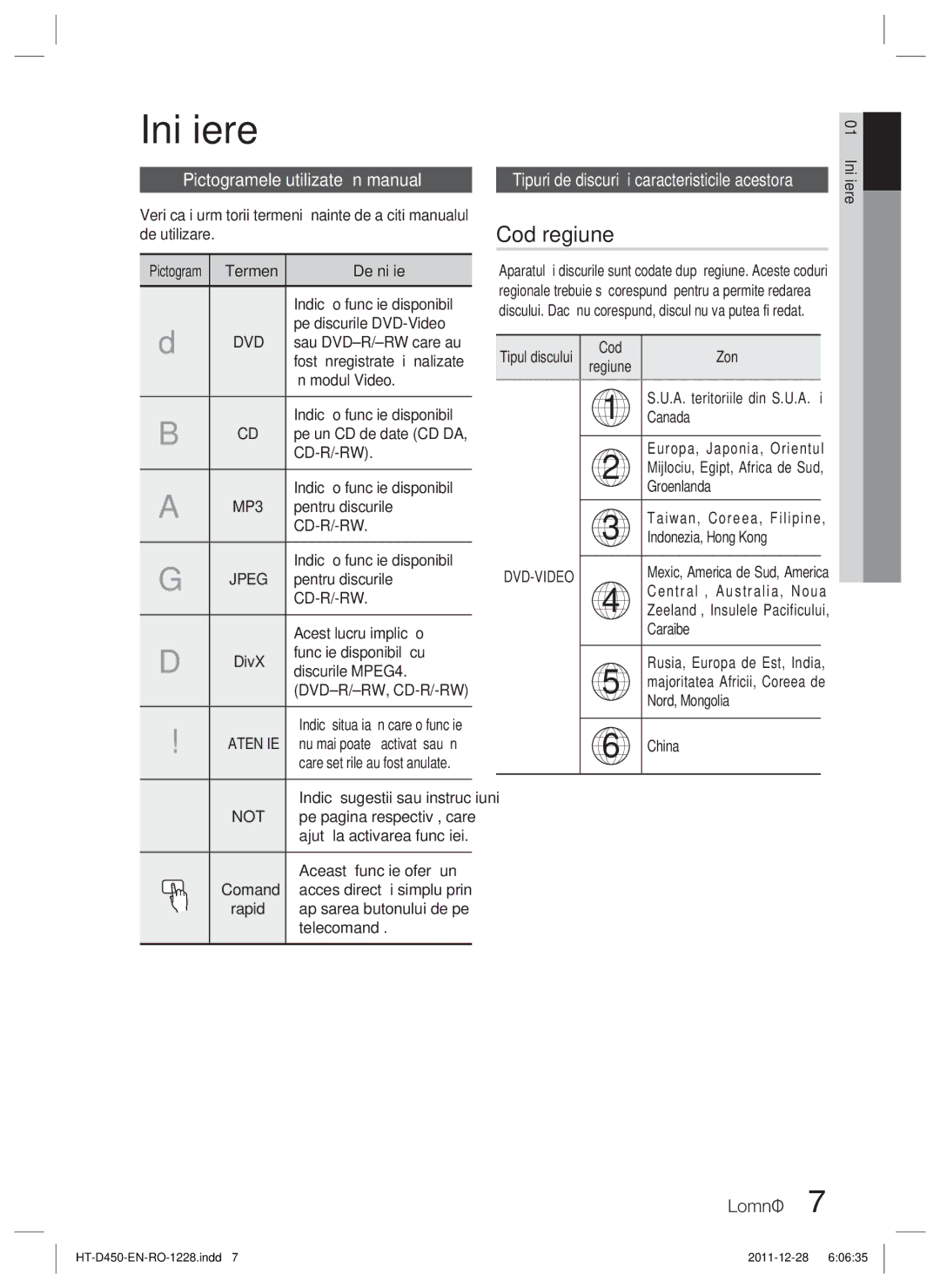 Samsung HT-D455/EN Iniţiere, Cod regiune, Pictogramele utilizate în manual 