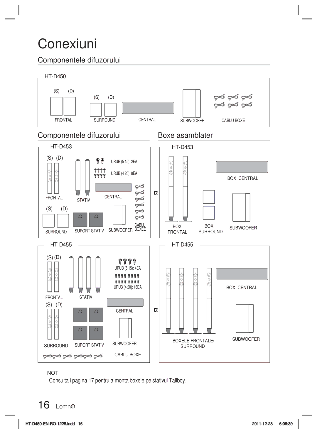 Samsung HT-D455/EN manual Componentele difuzorului Boxe asamblater, Şurub 5×15 2EA Şurub 4×20 8EA 