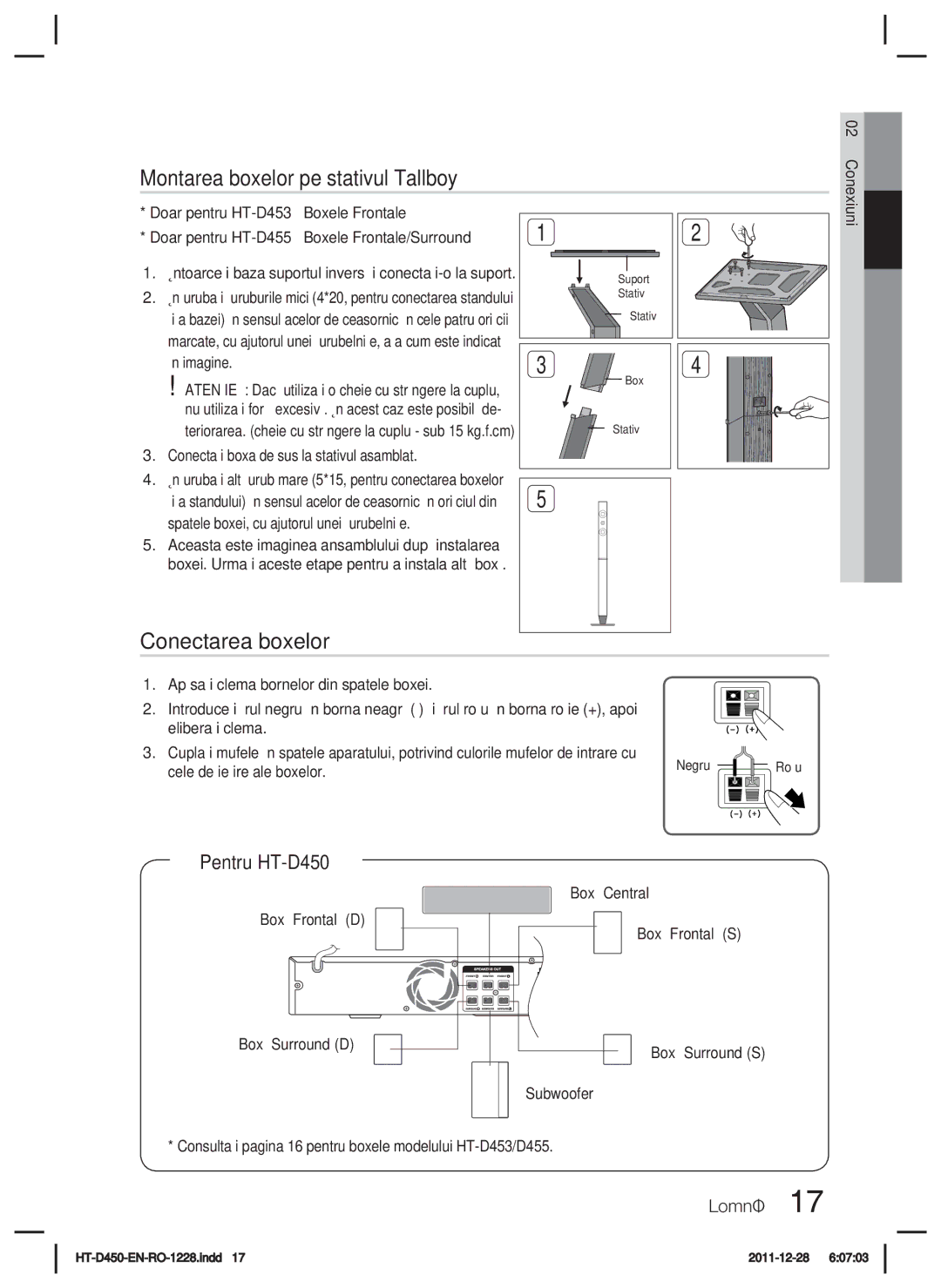 Samsung HT-D455/EN manual Montarea boxelor pe stativul Tallboy, Conectarea boxelor, Pentru HT-D450 