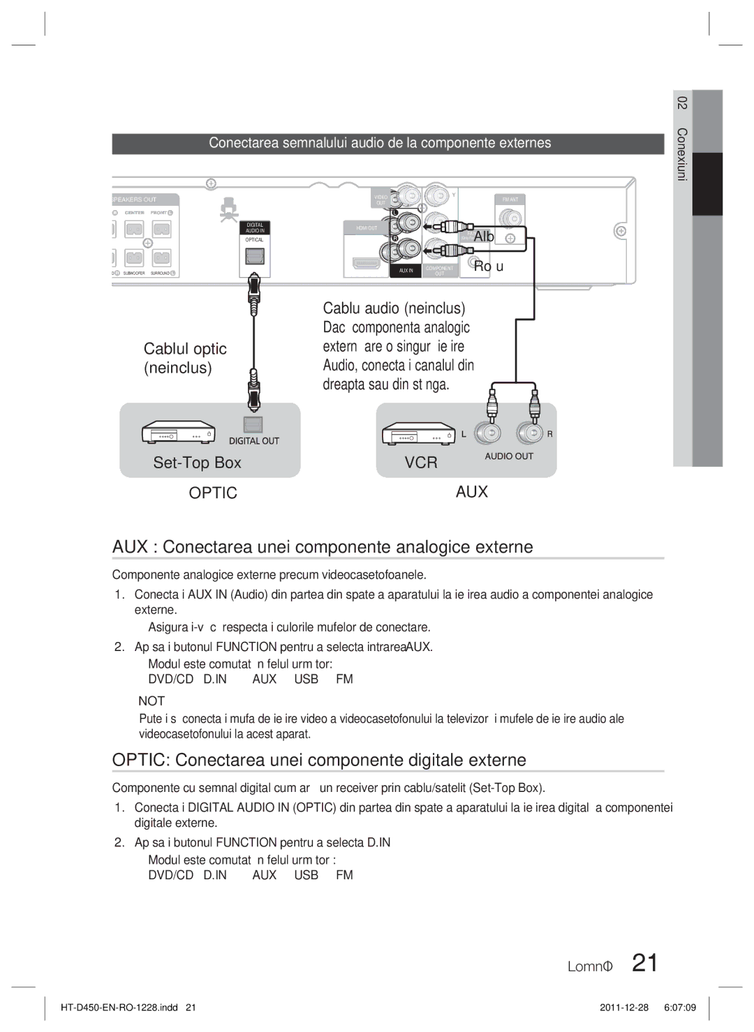 Samsung HT-D455/EN AUX Conectarea unei componente analogice externe, Optic Conectarea unei componente digitale externe 