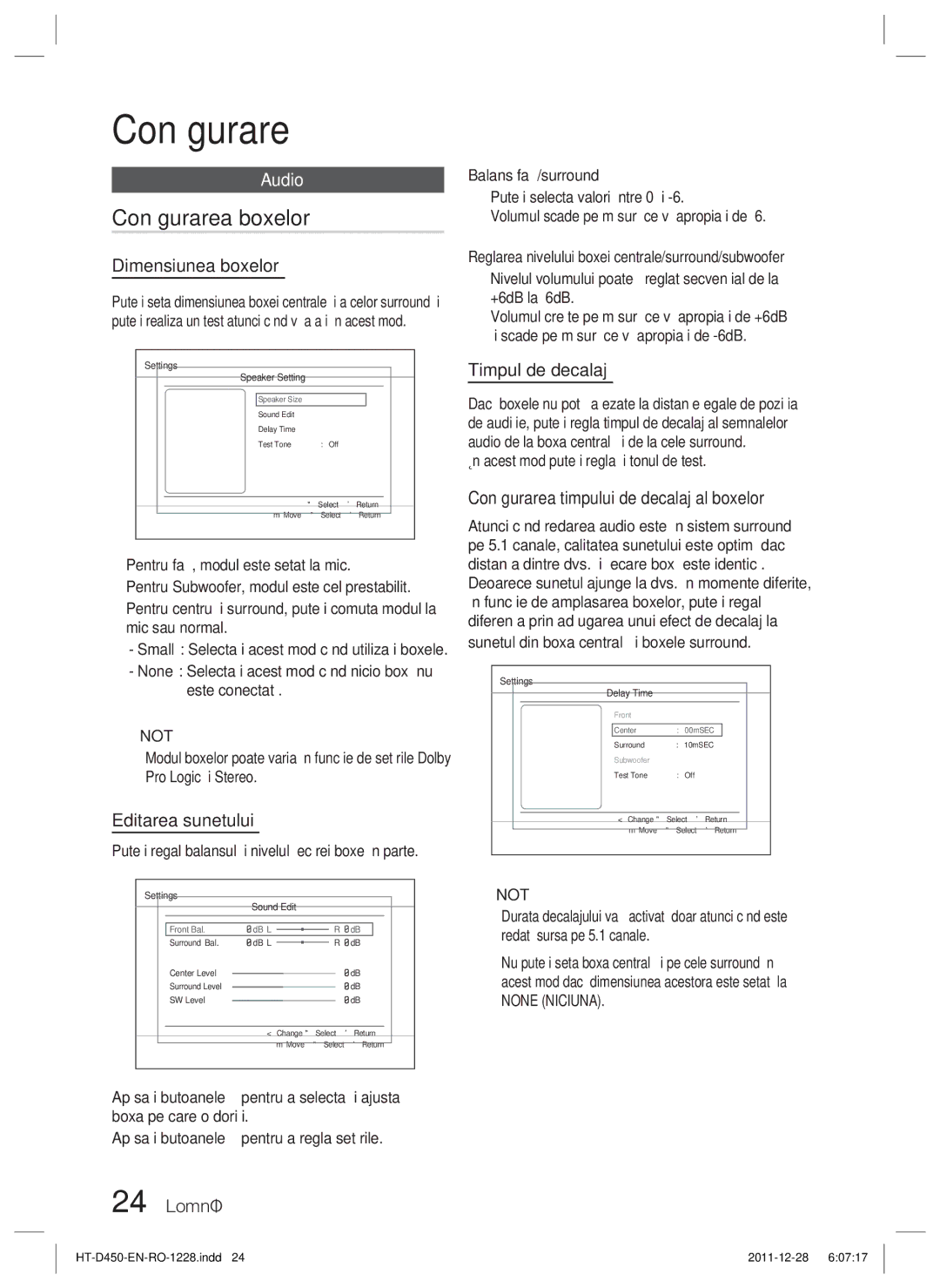 Samsung HT-D455/EN manual Conﬁgurarea boxelor, Audio 