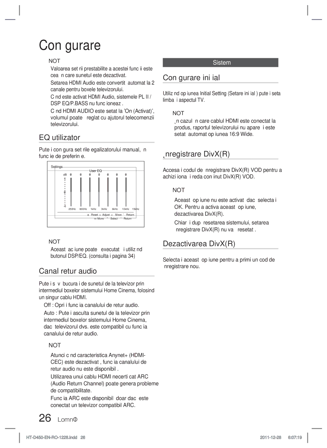 Samsung HT-D455/EN manual EQ utilizator, Canal retur audio, Conﬁgurare iniţială, Înregistrare DivXR, Dezactivarea DivXR 