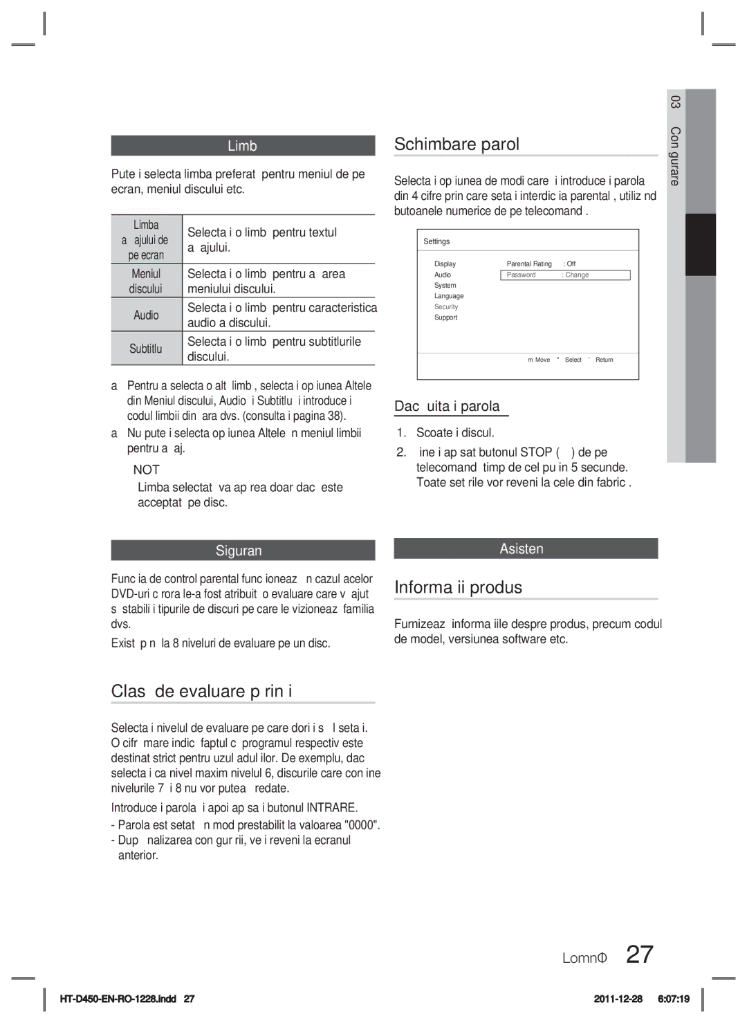 Samsung HT-D455/EN manual Schimbare parolă, Clasă de evaluare părinţi, Informaţii produs 