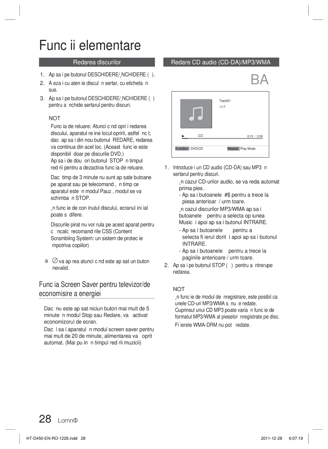 Samsung HT-D455/EN manual Funcţii elementare, Redarea discurilor, 28 Română, Redare CD audio CD-DA/MP3/WMA 