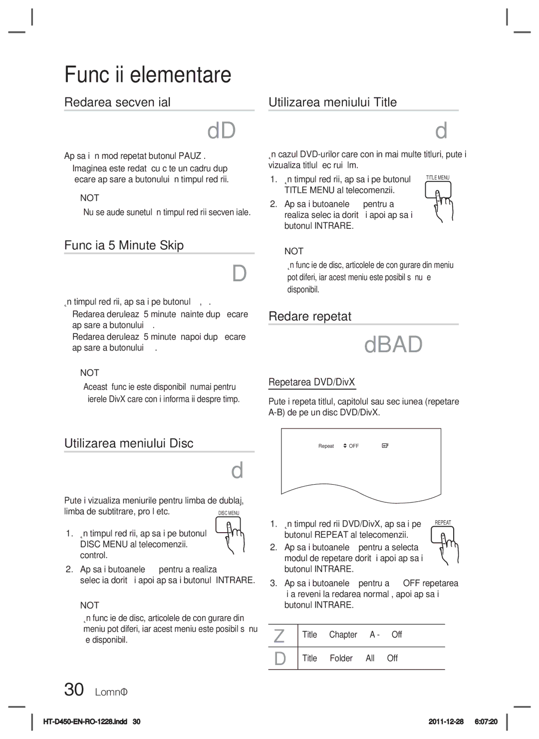 Samsung HT-D455/EN manual Redarea secvenţială, Funcţia 5 Minute Skip, Utilizarea meniului Disc, Utilizarea meniului Title 