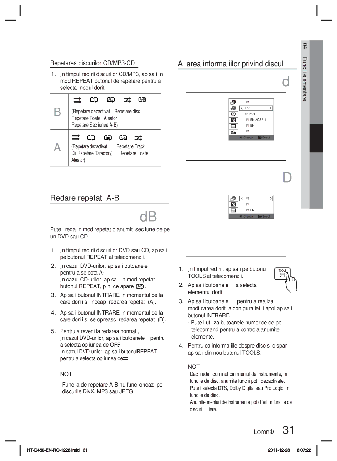 Samsung HT-D455/EN Aﬁşarea informaţiilor privind discul, Redare repetată A-B, Repetarea discurilor CD/MP3-CD, Aleator 