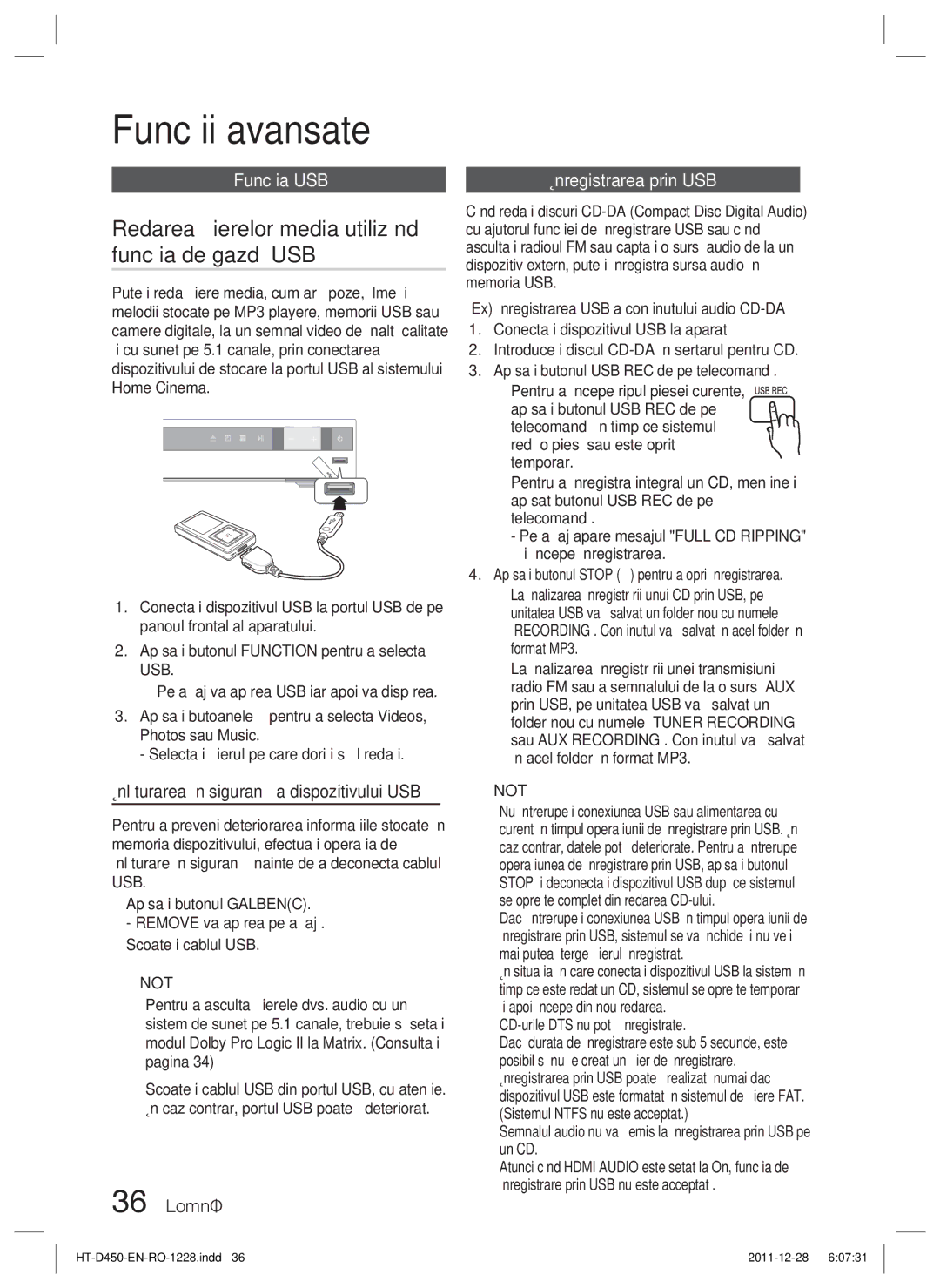 Samsung HT-D455/EN manual Funcţii avansate, Redarea ﬁşierelor media utilizând funcţia de gazdă USB, Funcţia USB 