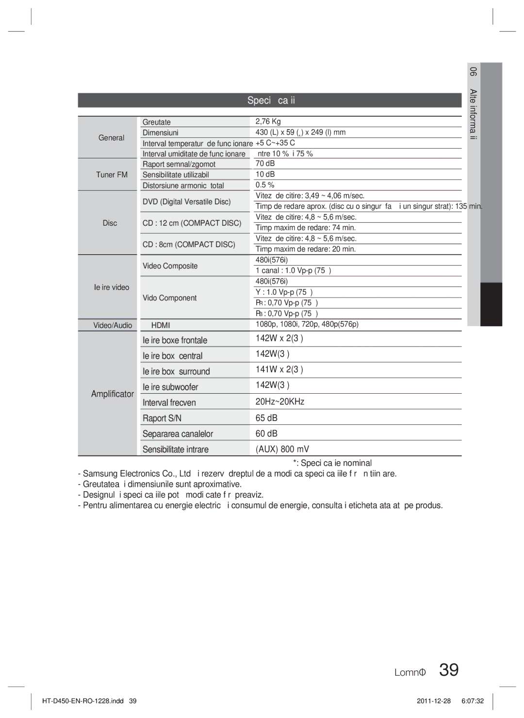 Samsung HT-D455/EN manual Speciﬁcaţii 