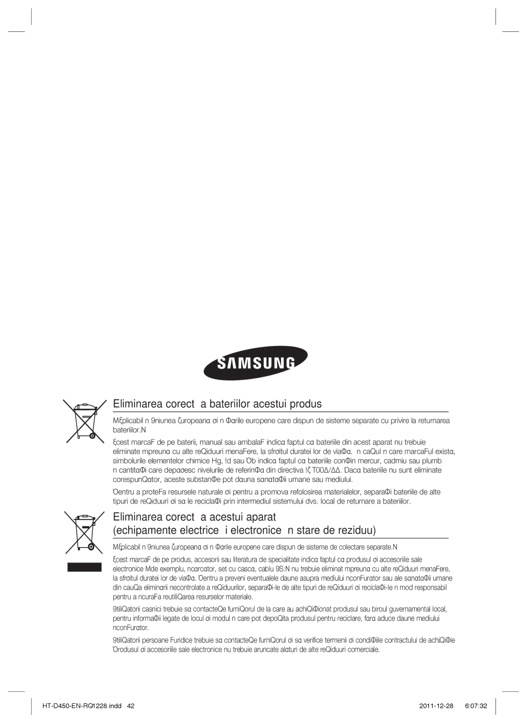 Samsung HT-D455/EN manual Eliminarea corectă a bateriilor acestui produs 