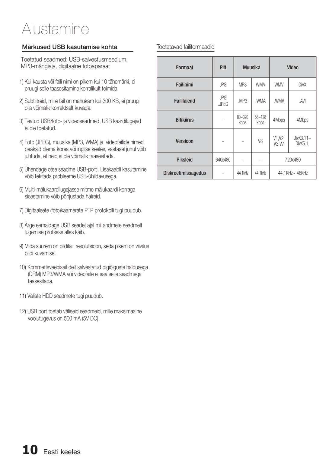 Samsung HT-D455/EN manual Märkused USB kasutamise kohta, 11 Väliste HDD seadmete tugi puudub, Toetatavad failiformaadid 