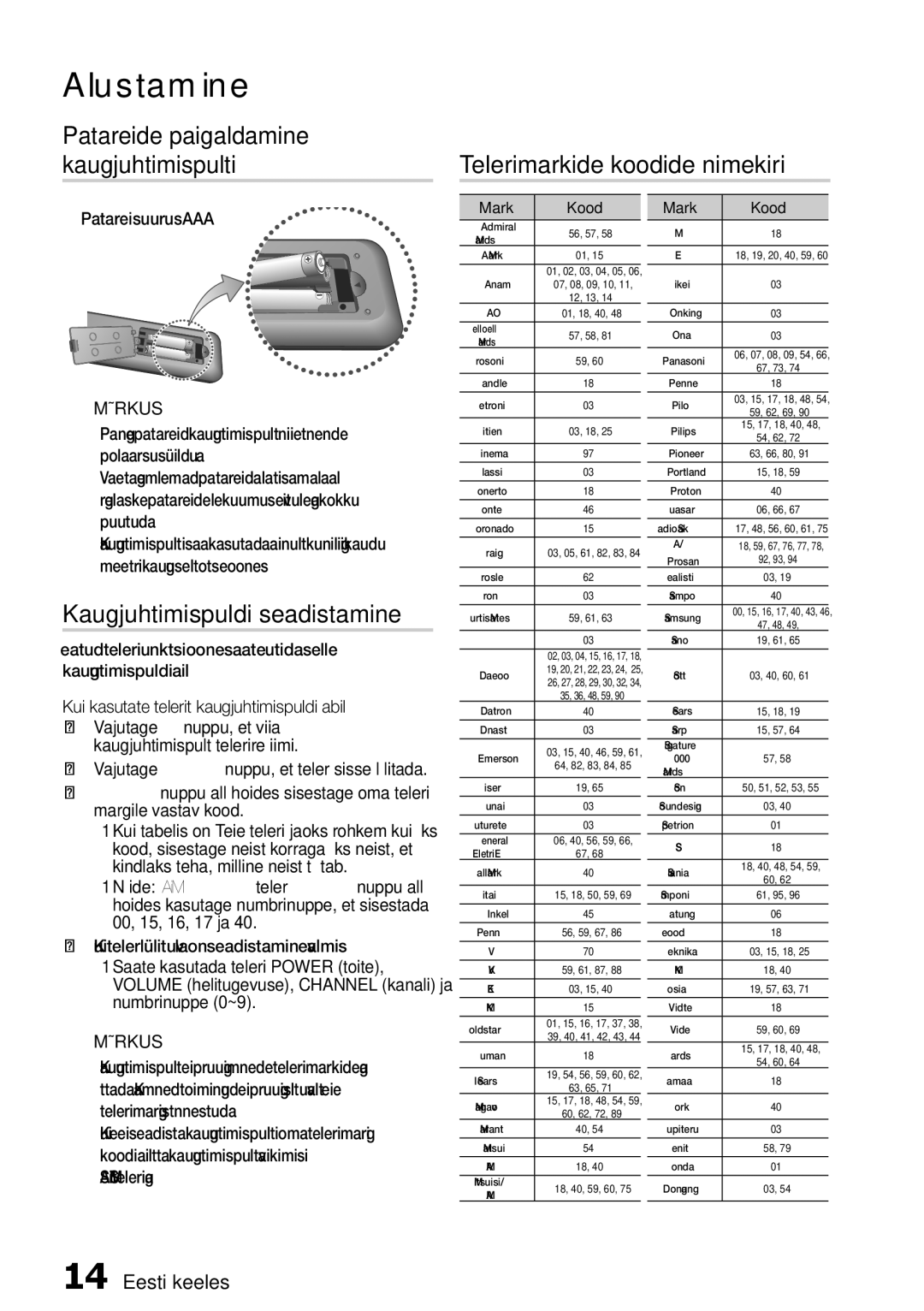 Samsung HT-D455/EN manual Kaugjuhtimispuldi seadistamine, Patarei suurus AAA 