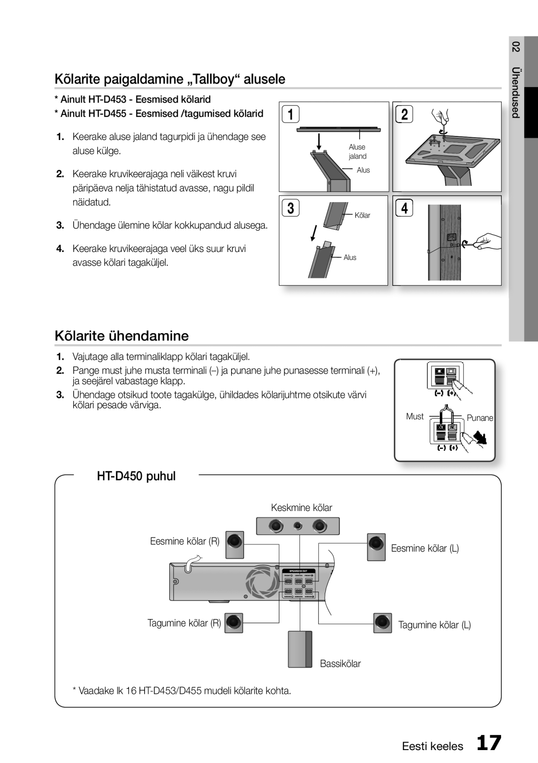 Samsung HT-D455/EN manual Kõlarite paigaldamine „Tallboy alusele, Kõlarite ühendamine, HT-D450 puhul 