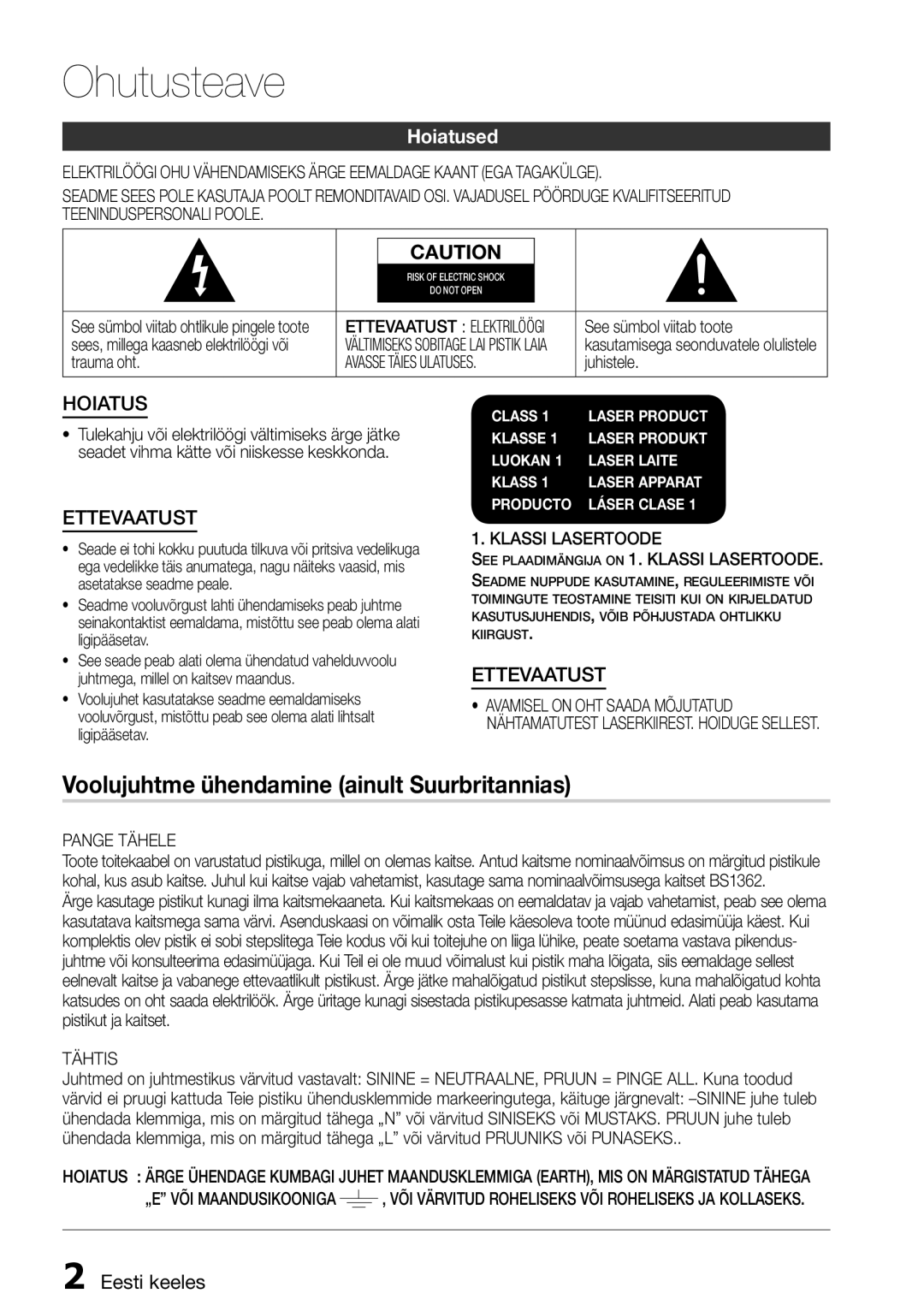 Samsung HT-D455/EN manual Ohutusteave, Hoiatused, Eesti keeles 