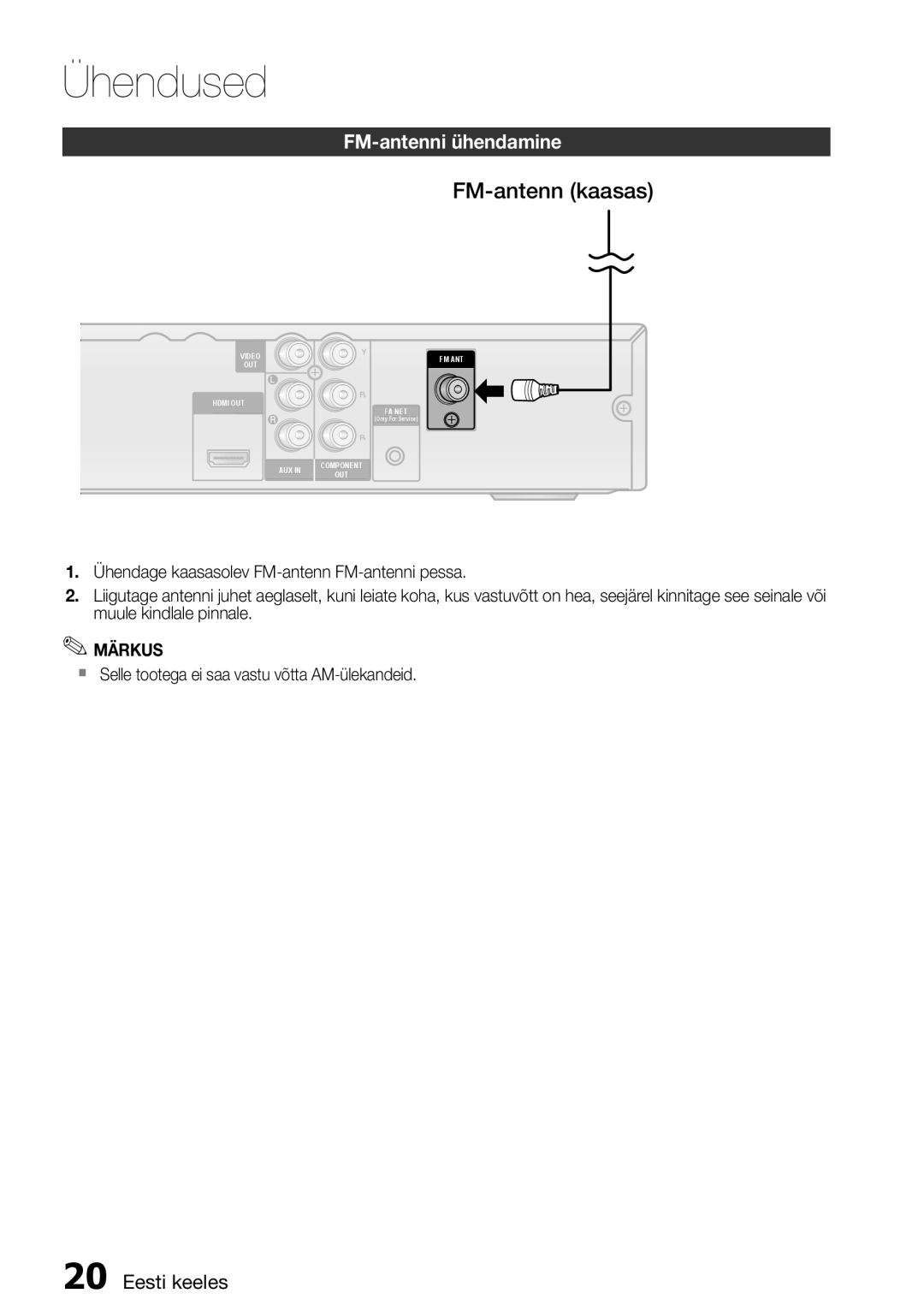 Samsung HT-D455/EN manual FM-antenn kaasas, FM-antenni ühendamine,  Selle tootega ei saa vastu võtta AM-ülekandeid 