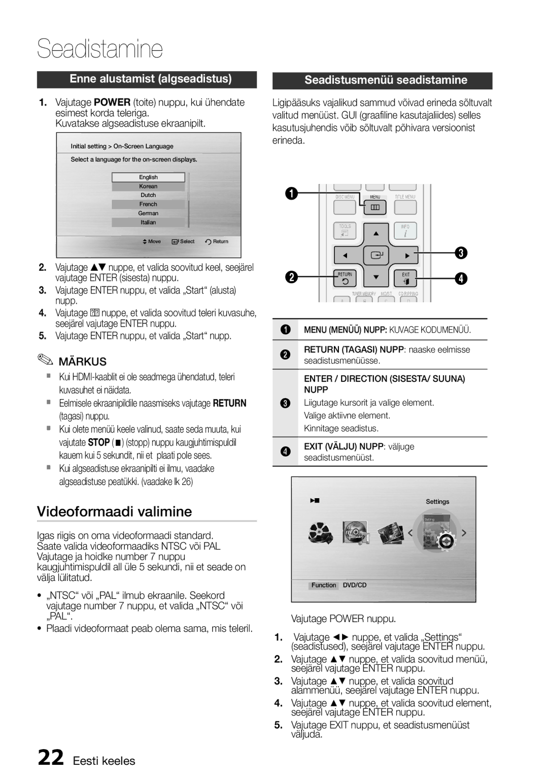 Samsung HT-D455/EN manual Seadistamine, Videoformaadi valimine, Enne alustamist algseadistus, Seadistusmenüü seadistamine 