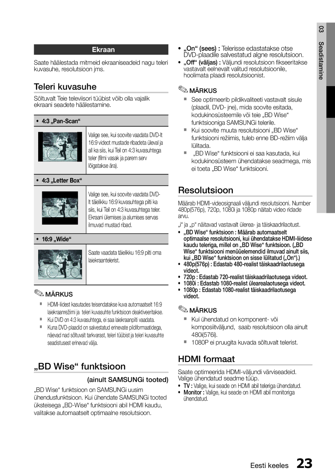 Samsung HT-D455/EN manual Teleri kuvasuhe, Resolutsioon, „BD Wise funktsioon, Hdmi formaat, Ekraan 