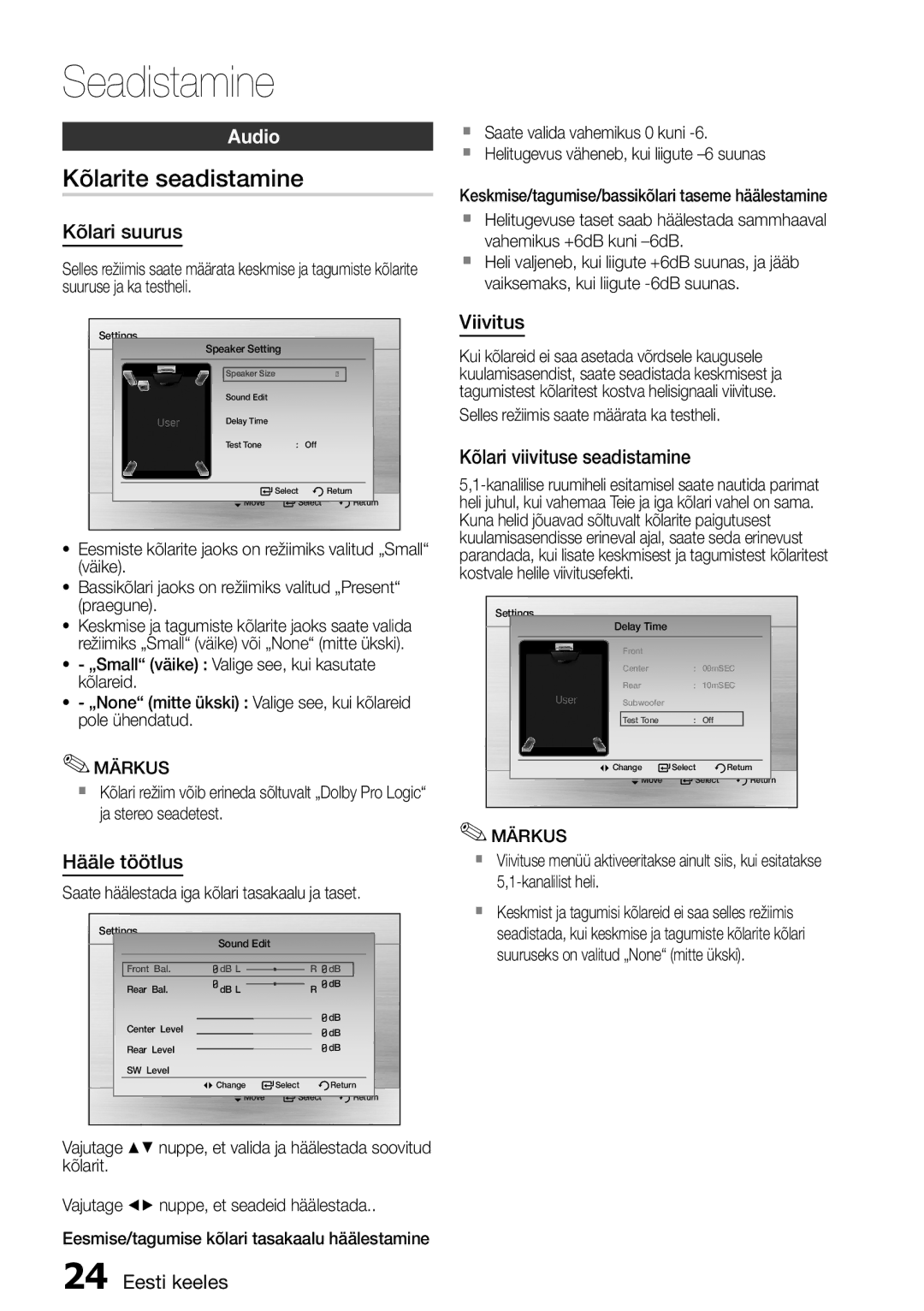 Samsung HT-D455/EN manual Kõlarite seadistamine, Audio 