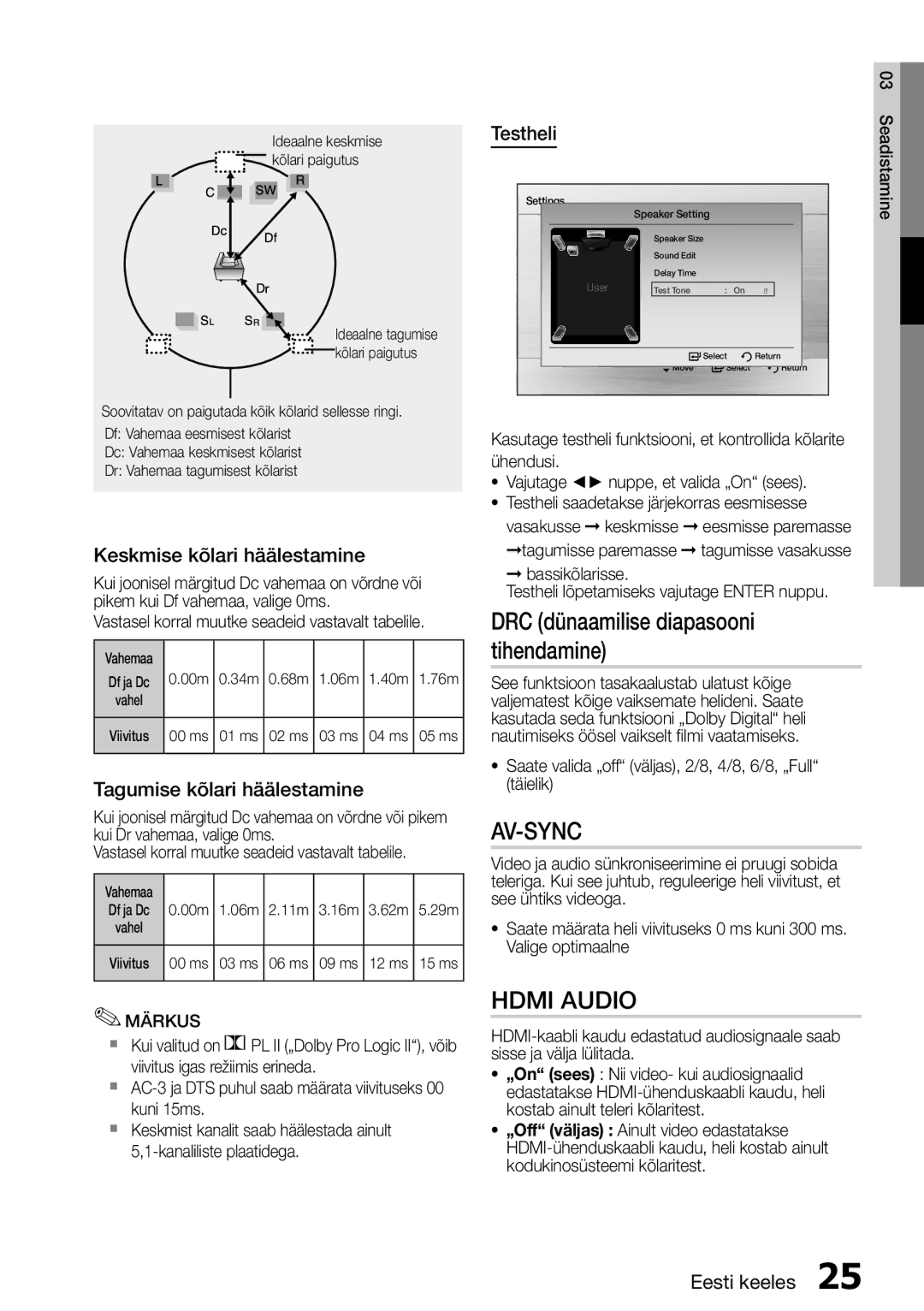 Samsung HT-D455/EN DRC dünaamilise diapasooni tihendamine, Keskmise kõlari häälestamine, Tagumise kõlari häälestamine 