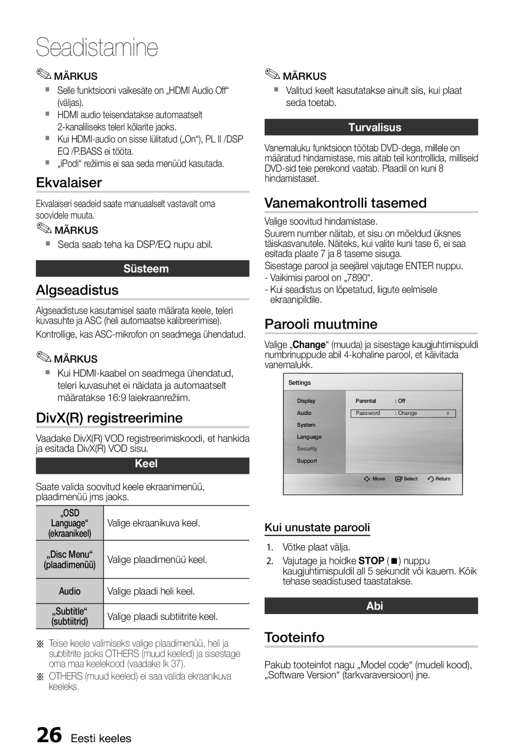 Samsung HT-D455/EN Ekvalaiser, Algseadistus, DivXR registreerimine, Vanemakontrolli tasemed, Parooli muutmine, Tooteinfo 