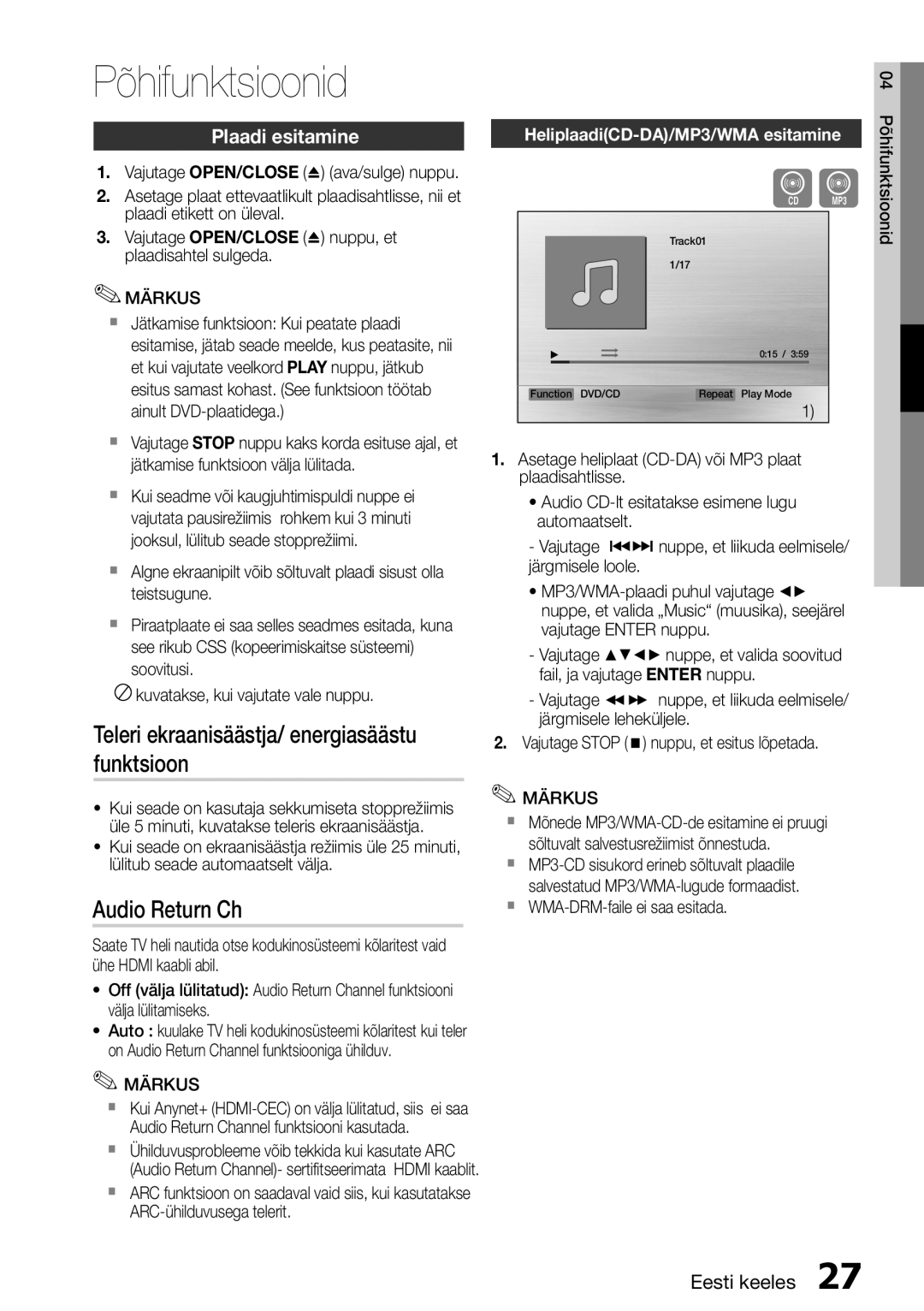 Samsung HT-D455/EN Põhifunktsioonid, Teleri ekraanisäästja/ energiasäästu funktsioon, Audio Return Ch, Plaadi esitamine 