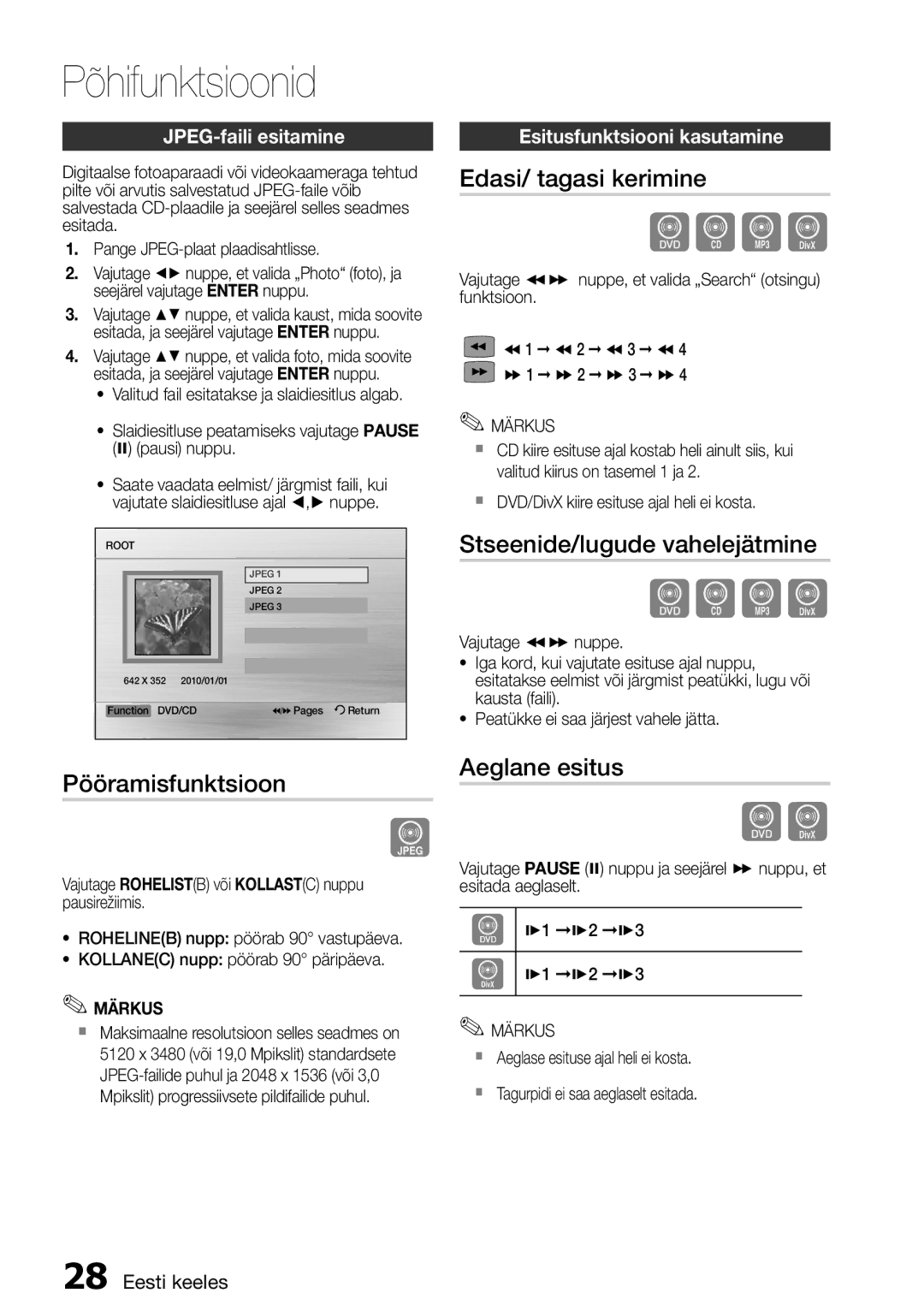 Samsung HT-D455/EN manual Edasi/ tagasi kerimine, Stseenide/lugude vahelejätmine, Pööramisfunktsioon, Aeglane esitus 