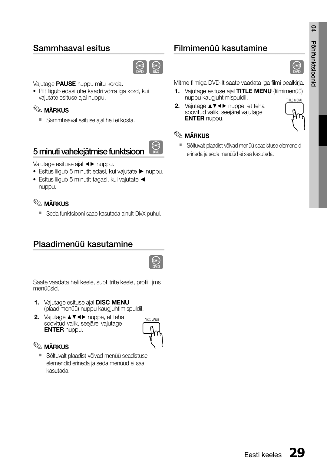 Samsung HT-D455/EN Sammhaaval esitus, Minuti vahelejätmise funktsioon D, Filmimenüü kasutamine, Plaadimenüü kasutamine 